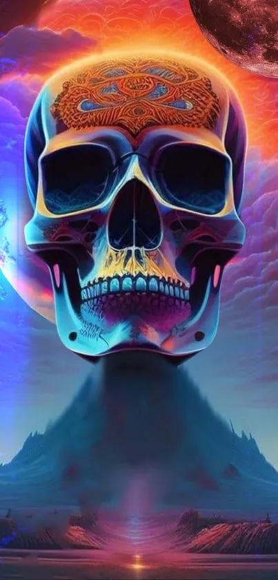 Psychedelic skull with vibrant colors in surreal landscape wallpaper.