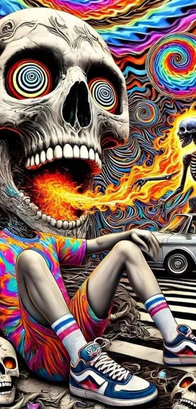 Psychedelic skull art with swirling colors and flames.