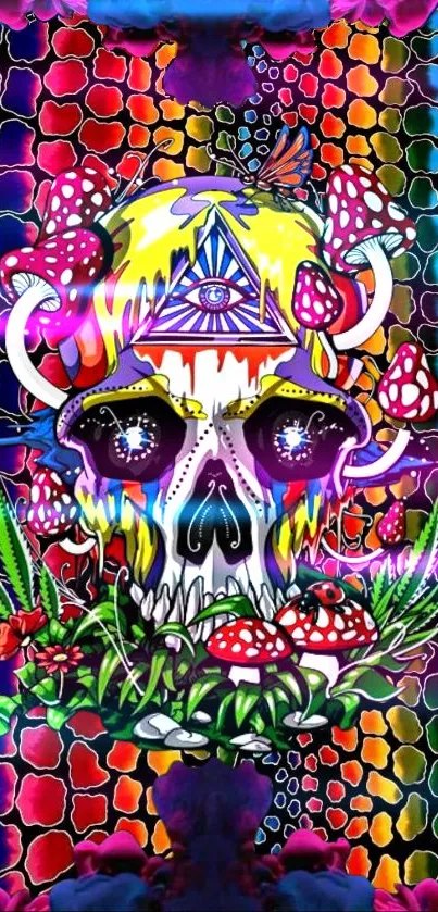 Psychedelic skull wallpaper with vibrant, colorful abstract patterns.