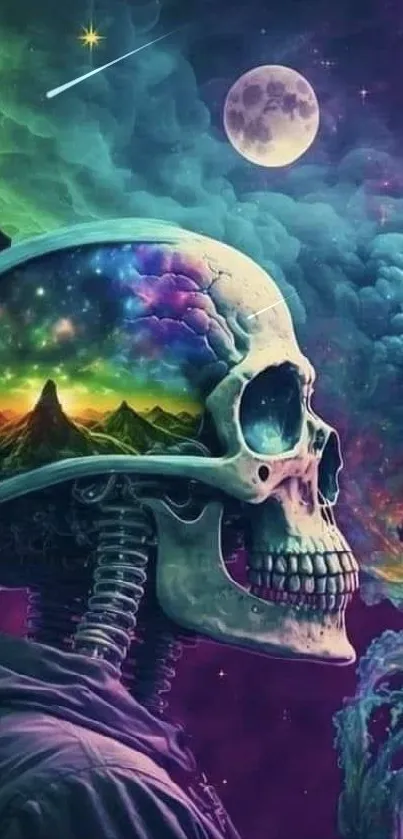 Psychedelic skull with cosmic landscape inside helmet.