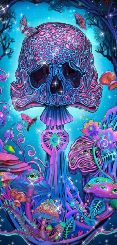 Psychedelic skull wallpaper with vibrant colors and fantasy elements.