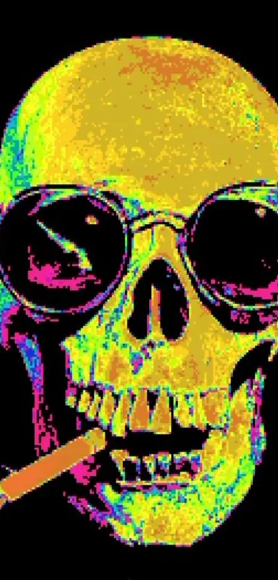 Vibrant psychedelic skull with neon colors and a black background.