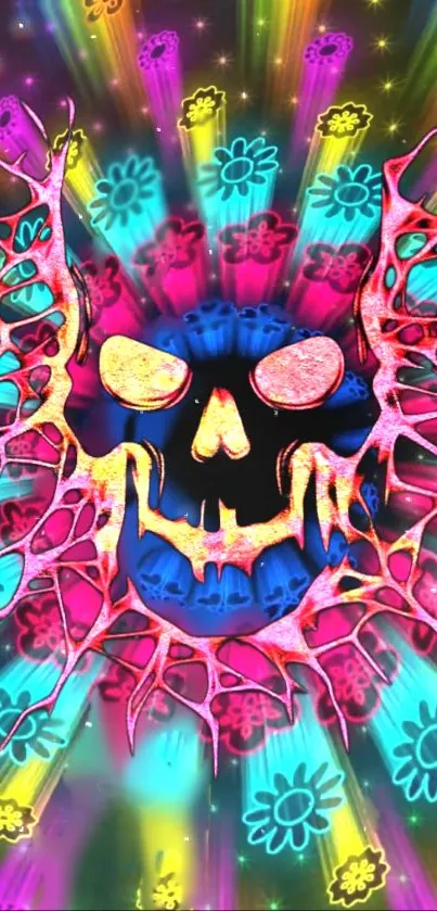 Psychedelic skull with neon colors and floral patterns on mobile wallpaper.