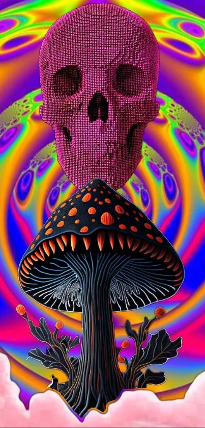 Psychedelic skull and mushroom art with vibrant colors.