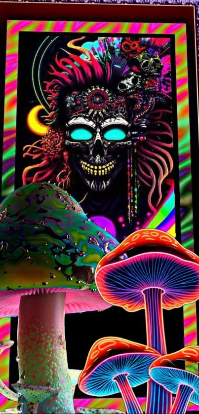 Psychedelic skull and neon mushrooms in vibrant artwork.