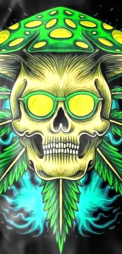 Psychedelic skull with neon green and blue hues on a dark background.