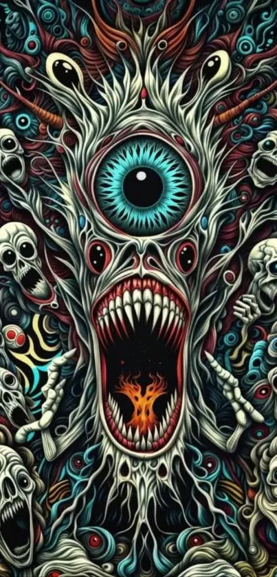 Psychedelic skulls with a central vibrant eye.