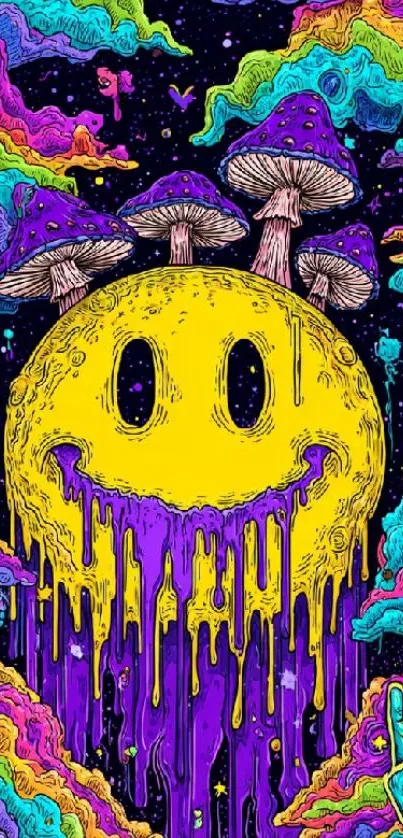 Psychedelic smiley face with mushrooms and vivid colors.