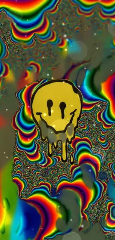 Psychedelic melting smiley face with rainbow colors.