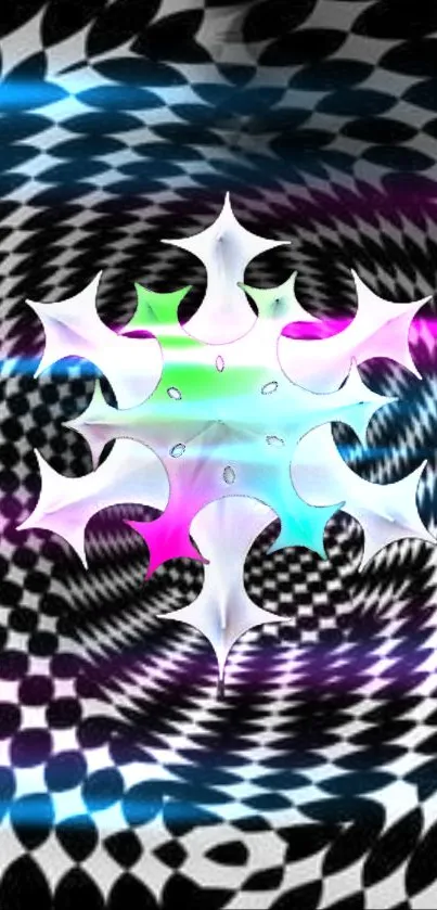 Colorful psychedelic snowflake with checkered background on phone wallpaper.