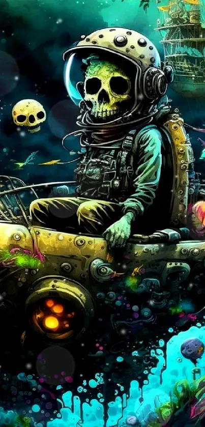 Psychedelic skeleton astronaut in space art wallpaper.