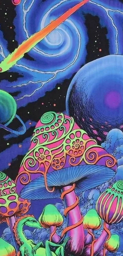 Vibrant psychedelic artwork featuring neon mushrooms and cosmic space elements.