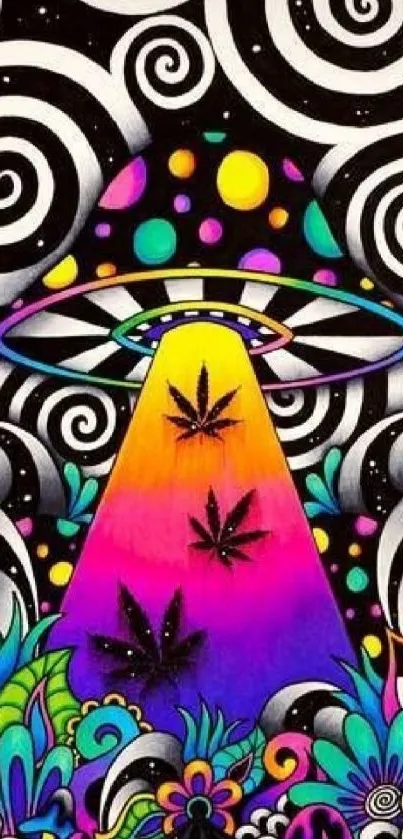 Colorful psychedelic UFO space-themed phone wallpaper.