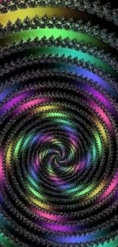 Vibrant psychedelic spiral fractal wallpaper with neon colors.