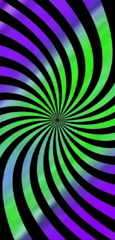 Psychedelic spiral wallpaper in green, purple and black hues.