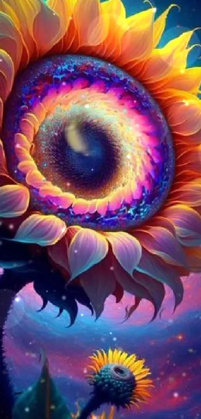 Psychedelic sunflower with galaxy backdrop in vibrant colors.