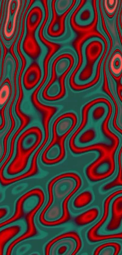 Psychedelic swirl pattern in red and green hues for mobile wallpaper.