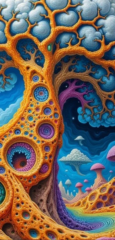 Surreal psychedelic tree in fantasy landscape wallpaper.