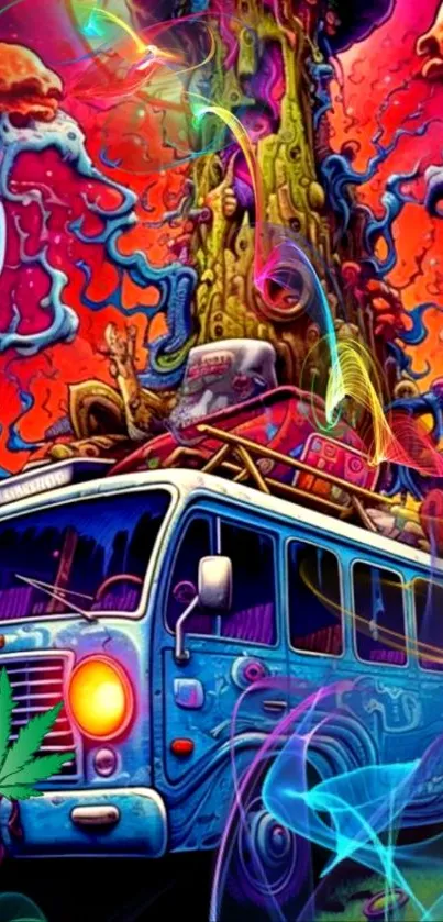 Psychedelic van with vibrant colors and artistic fantasy theme.