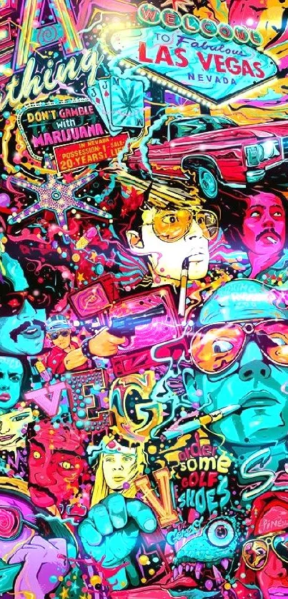 Vibrant psychedelic Las Vegas collage wallpaper.