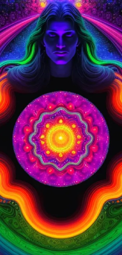 Vibrant psychedelic art wallpaper with colorful patterns and spiritual theme.