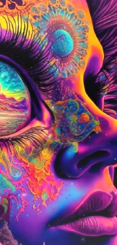 Psychedelic vibrant art wallpaper with surreal design and colorful portrait.