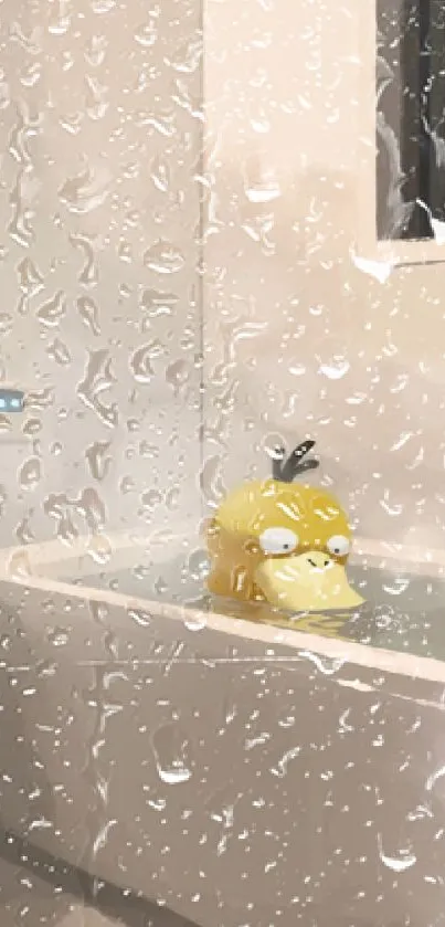 Illustration of Psyduck relaxing in a bathtub within a serene bathroom setting.