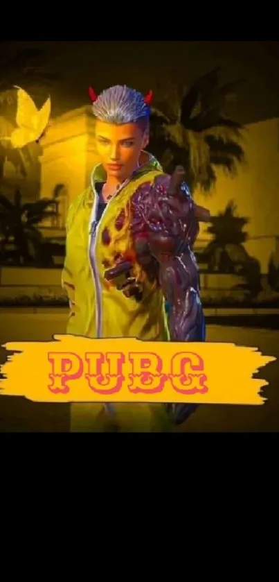 PUBG character in vibrant yellow setting on a mobile wallpaper.