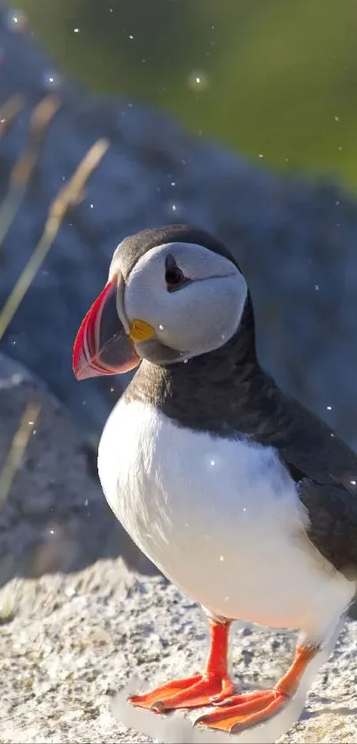 Close-up of a puffin on a rocky shore with a vibrant background.