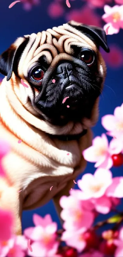 Cute pug with cherry blossoms on a vibrant pink floral background.