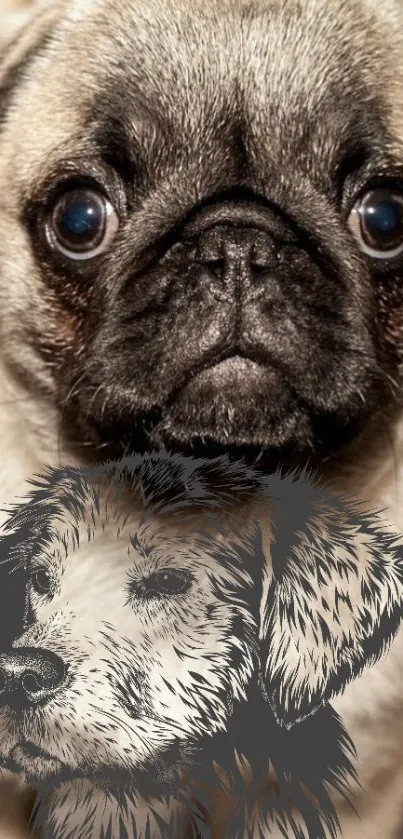 Pug and sketch-style dog wallpaper for mobile devices.