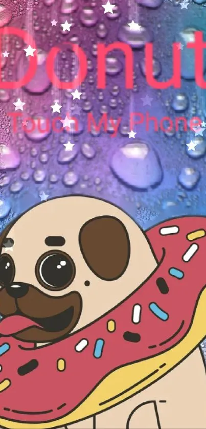 Playful pug with donut on raindrop background wallpaper.