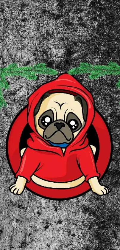 Cartoon pug in a red hoodie with a dark textured background wallpaper.