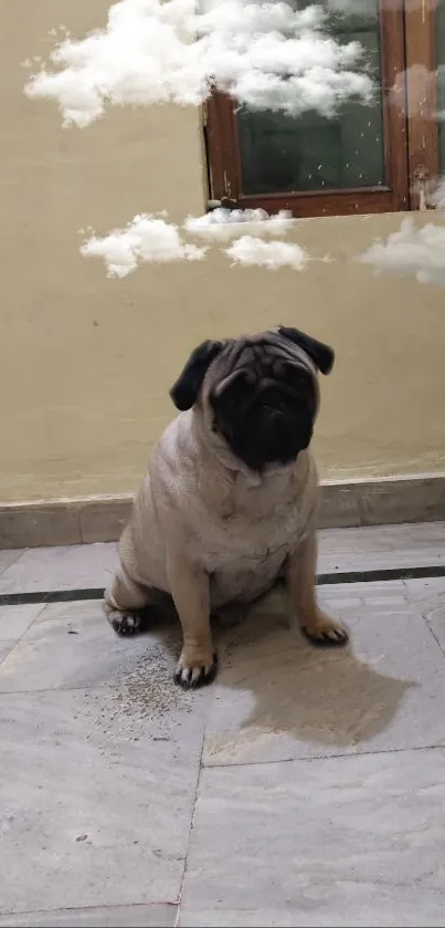 Cute pug sitting indoors with fluffy cloud overlay.