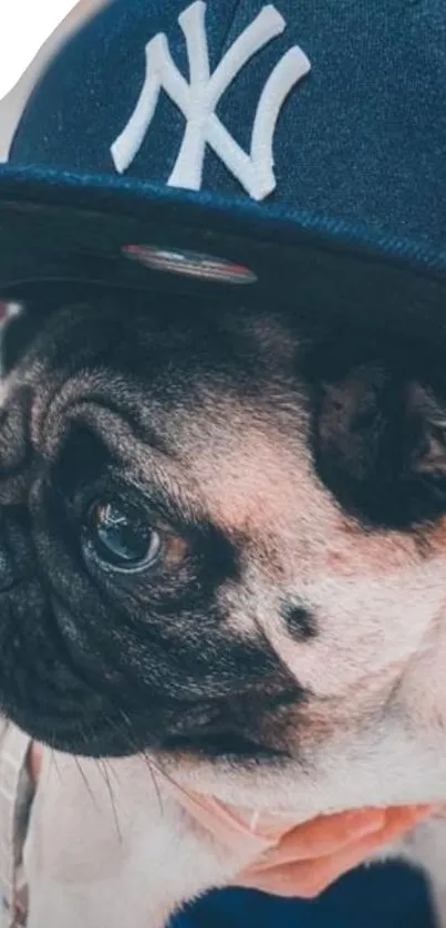 Cute pug wearing a blue cap on a mobile wallpaper.