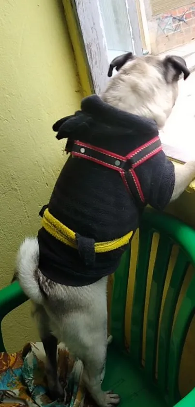 Pug in sweater standing on chair by window.