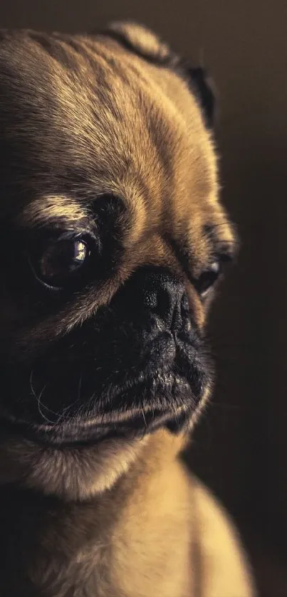 Close-up portrait of a pug with warm lighting.