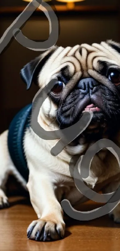 Cute pug with camera on wooden floor.