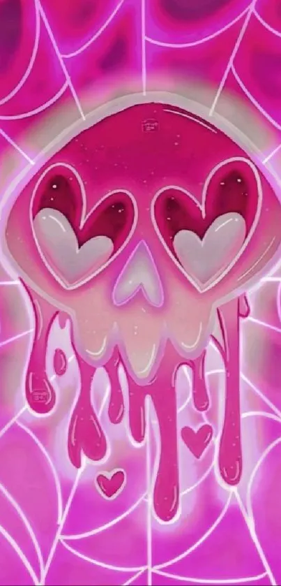 Neon pink skull wallpaper with heart eyes and web pattern.