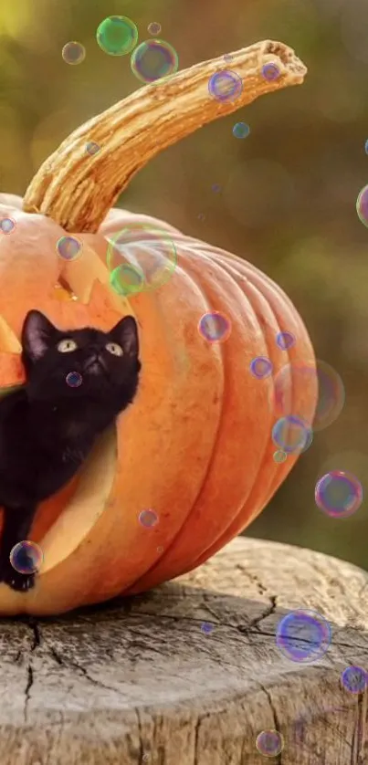 Black cat in a pumpkin with bubbles on a stump, perfect for Halloween.