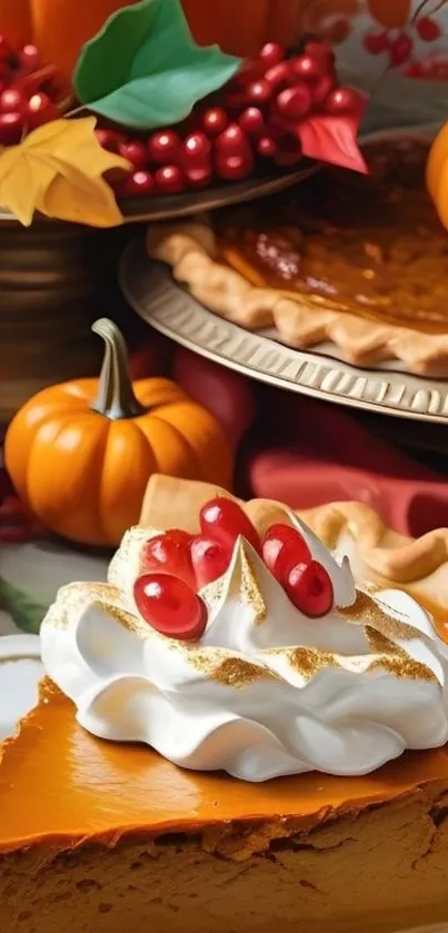 Autumn-themed wallpaper with pumpkin pie and festive decorations.