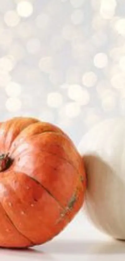 Orange and white pumpkins with glowing bokeh lights on a wallpaper.