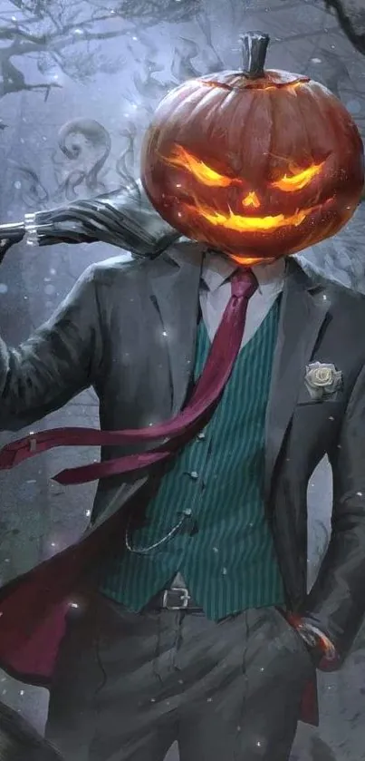 Pumpkin-headed character in a suit holding an axe, Halloween-themed wallpaper.