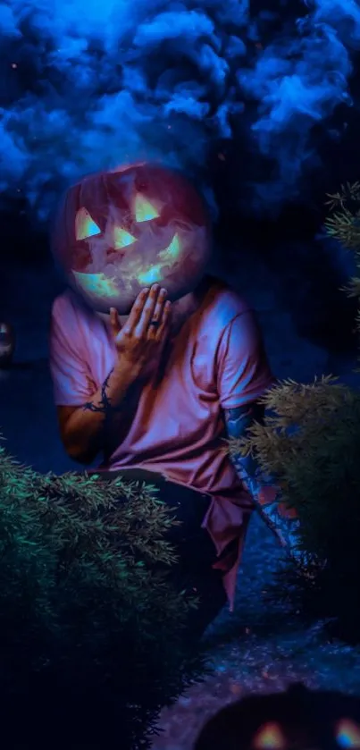 Person with pumpkin head in blue fog night.