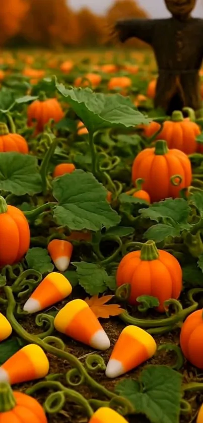 Pumpkin patch with candy corn among green leaves.