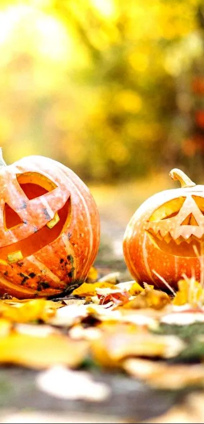 Two carved pumpkins on a sunlit autumn path.