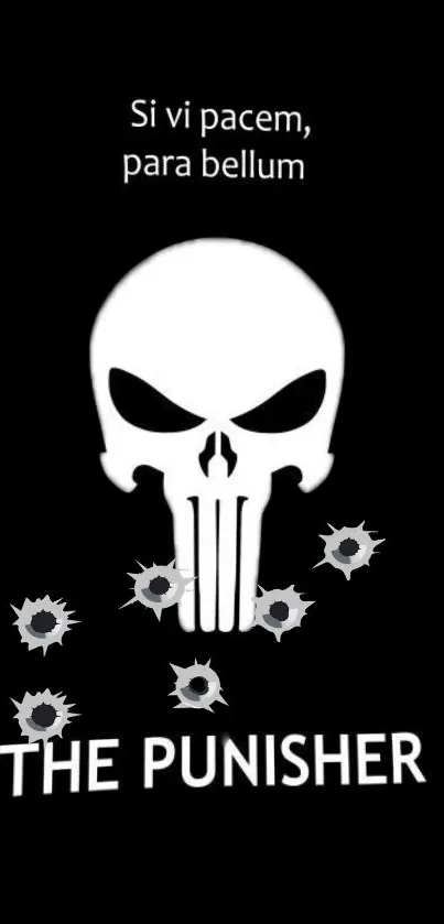 Punisher skull black wallpaper with Latin phrase and bullet holes.