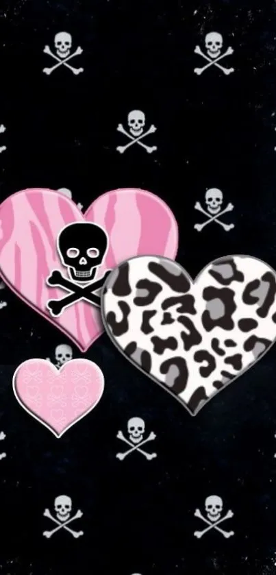 Punk-inspired wallpaper with hearts and skulls on a black background.