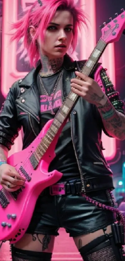 Pink-haired punk rockstar with a guitar in a neon city.