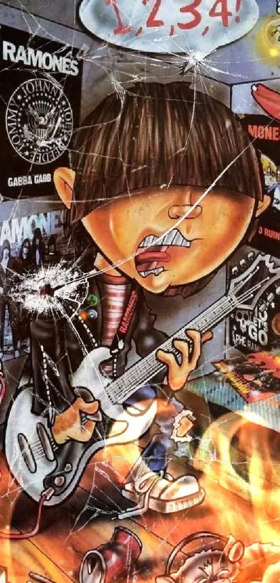 Cartoon of punk fan with guitar in a colorful room filled with band posters.